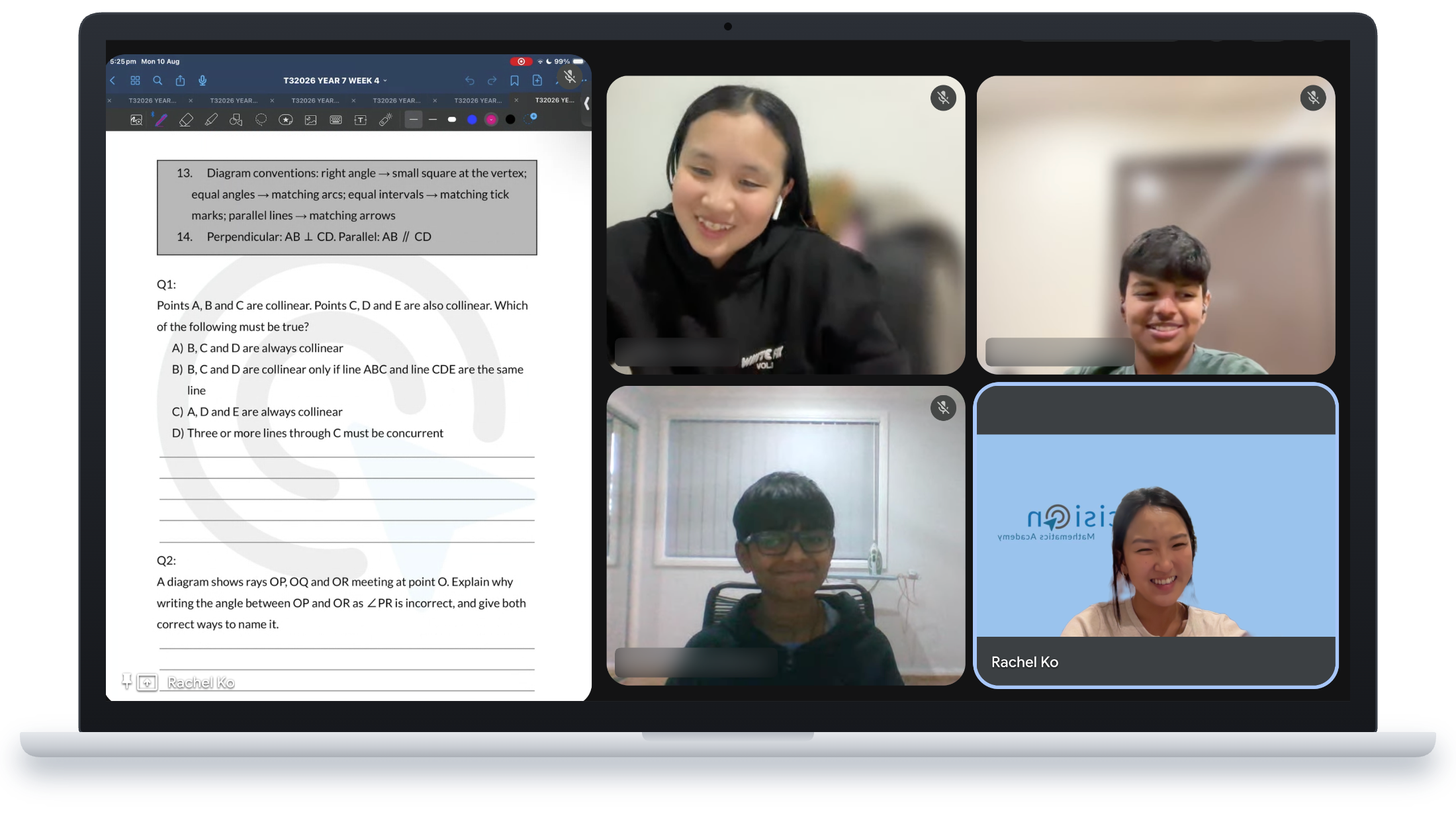A live Precision Mathematics Academy class on Google Meet, with lesson notes on screen