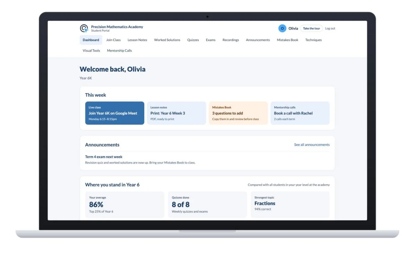 Precision Mathematics Academy student portal dashboard on a laptop