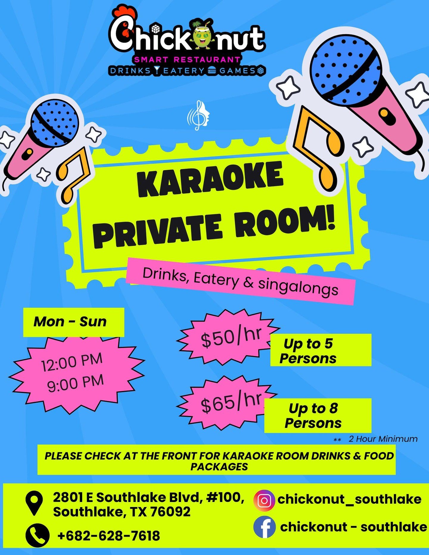 🎤 ChickoNut Karaoke Room Packages 🎶
Sing. Snack. Sip. Celebrate!
Host your next night out, birthday party, or team hangout in style with our private, soundproof karaoke room equipped with a state-of-the-art system, ambient lighting, and smart QR o