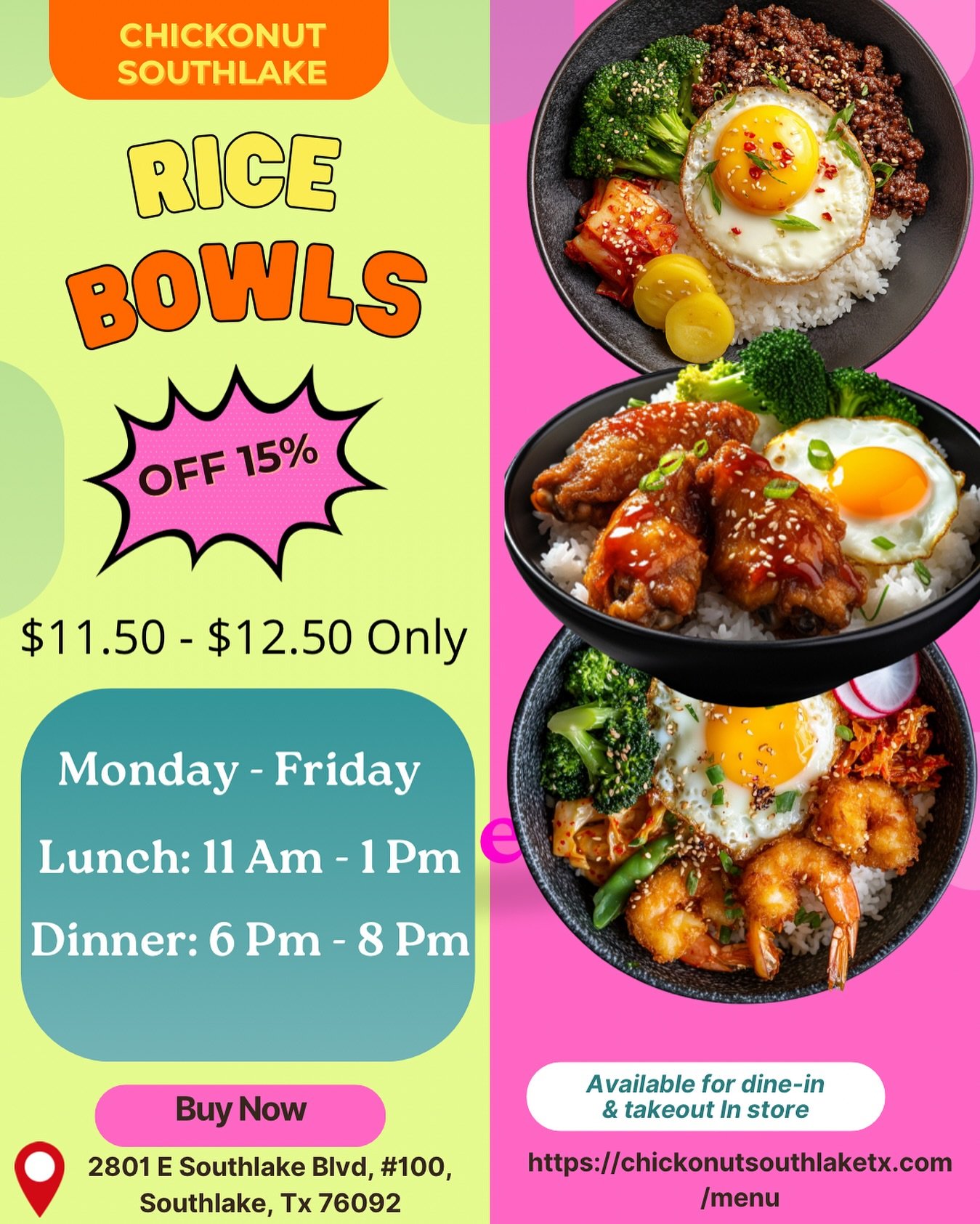 🍚 Lunch & Dinner Bowl Deal Alert! 🍽️
Craving bold flavors? We got you!
🔥 Enjoy 15% OFF ALL Rice Bowls
🗓️ Monday to Friday
🕚 11 AM – 1 PM | 6 PM – 8 PM
From Korean-style to Indian fusion, our bowls are packed with flavor, fr