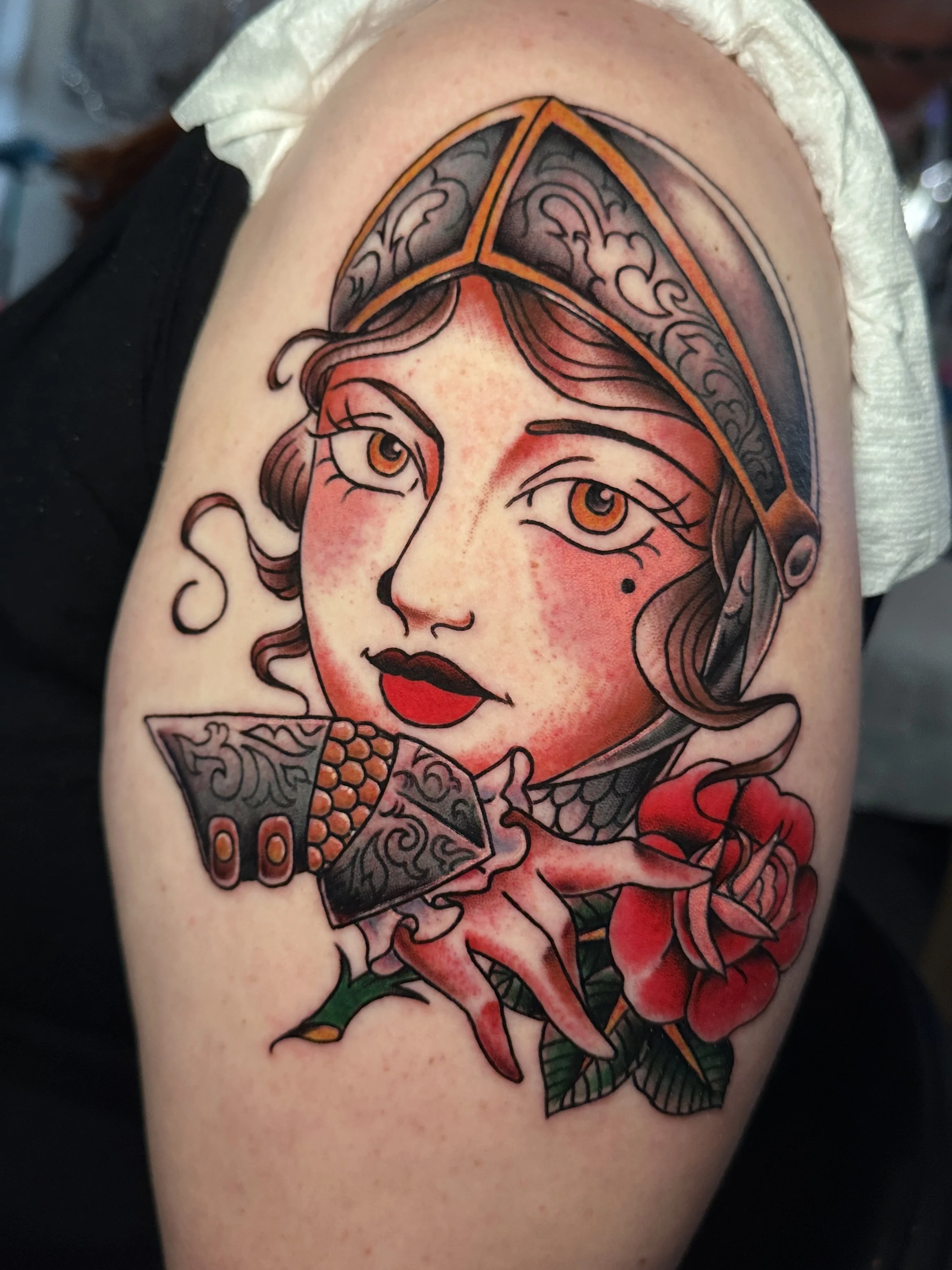 Traditional lady head tattoo by ktrantattoos, female tattoo artist in North Park, San Diego Tattoo Shop