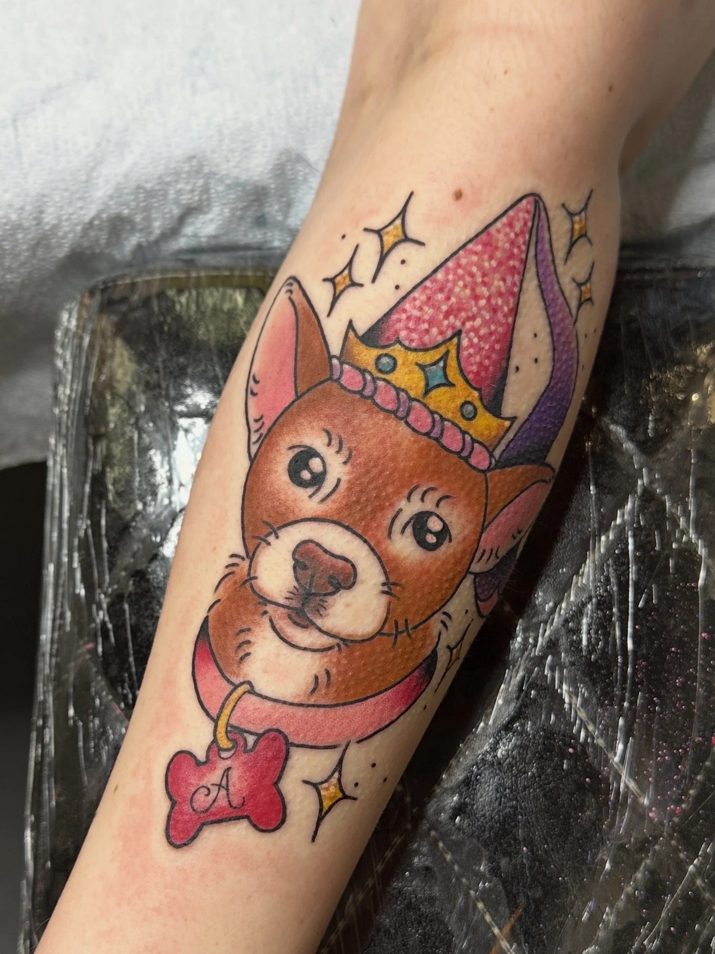 Dog portrait tattoo by Kristine Tran in San Diego, CA