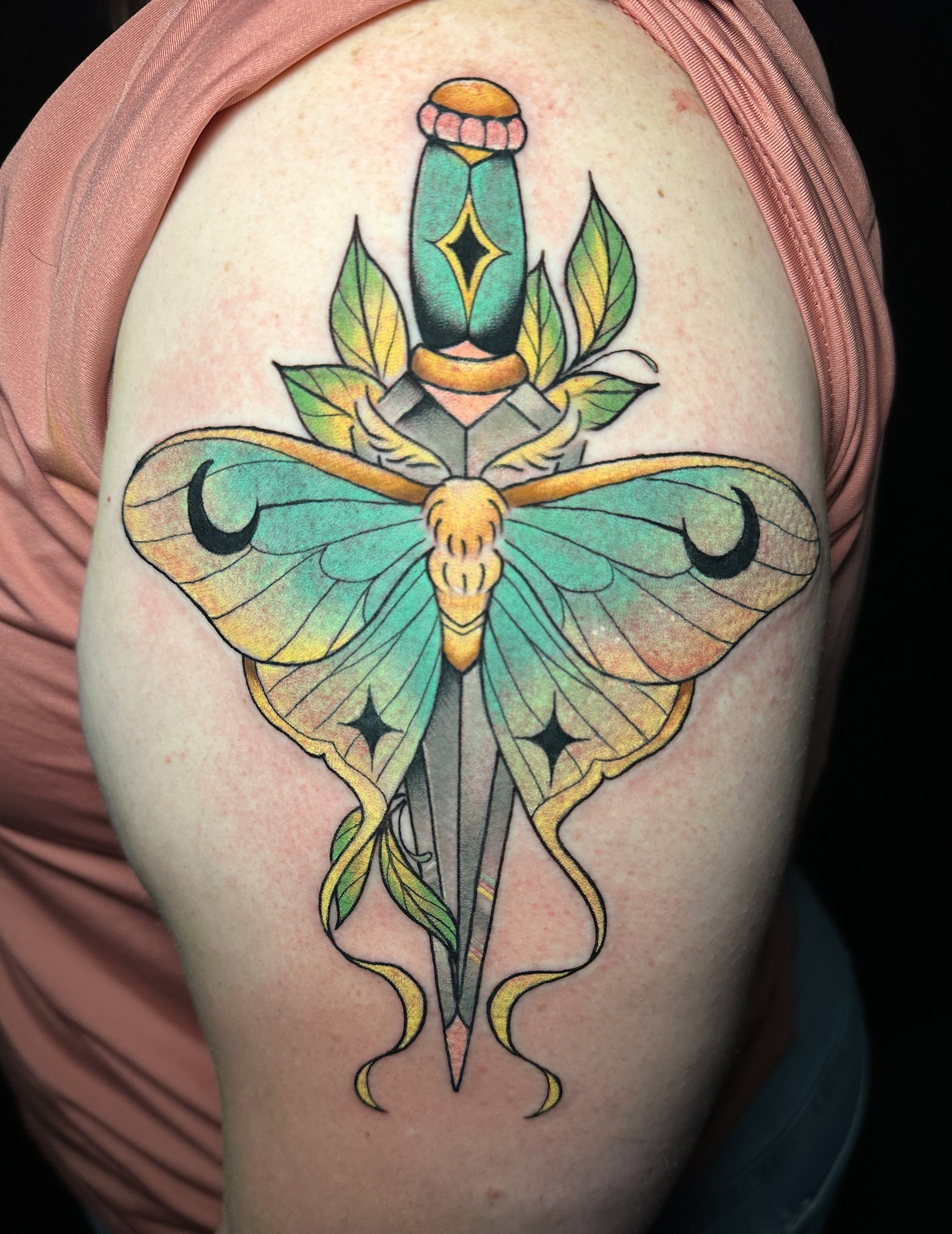 Lunar moth tattoo by woman tattoo artist ktrantattoos in San Diego, North Park Neighborhood