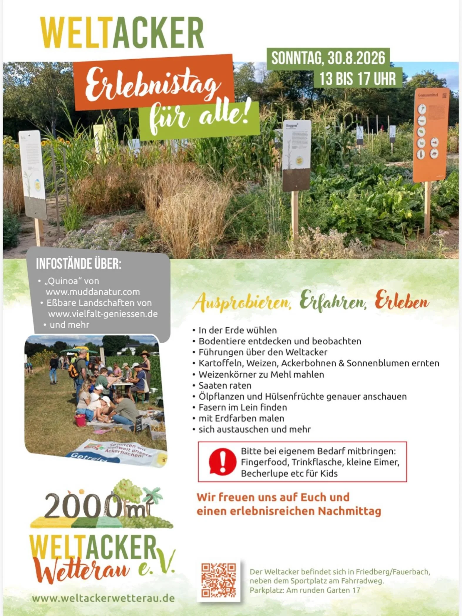 Erlebnistag! Jaaa! Diesen Sonntag! 

Kommt am Sonntag auf den Weltacker zum Erlebnistag! 
Es gibt unterschiedliche Angebote f&uuml;r Gross und Klein! 
Ob alleine oder zusammen - kommt vorbei! 

Wir freuen uns! 

Bis Sonntag 🧑🏽&zwj;🌾👩🏻&zwj;🌾👨🏻