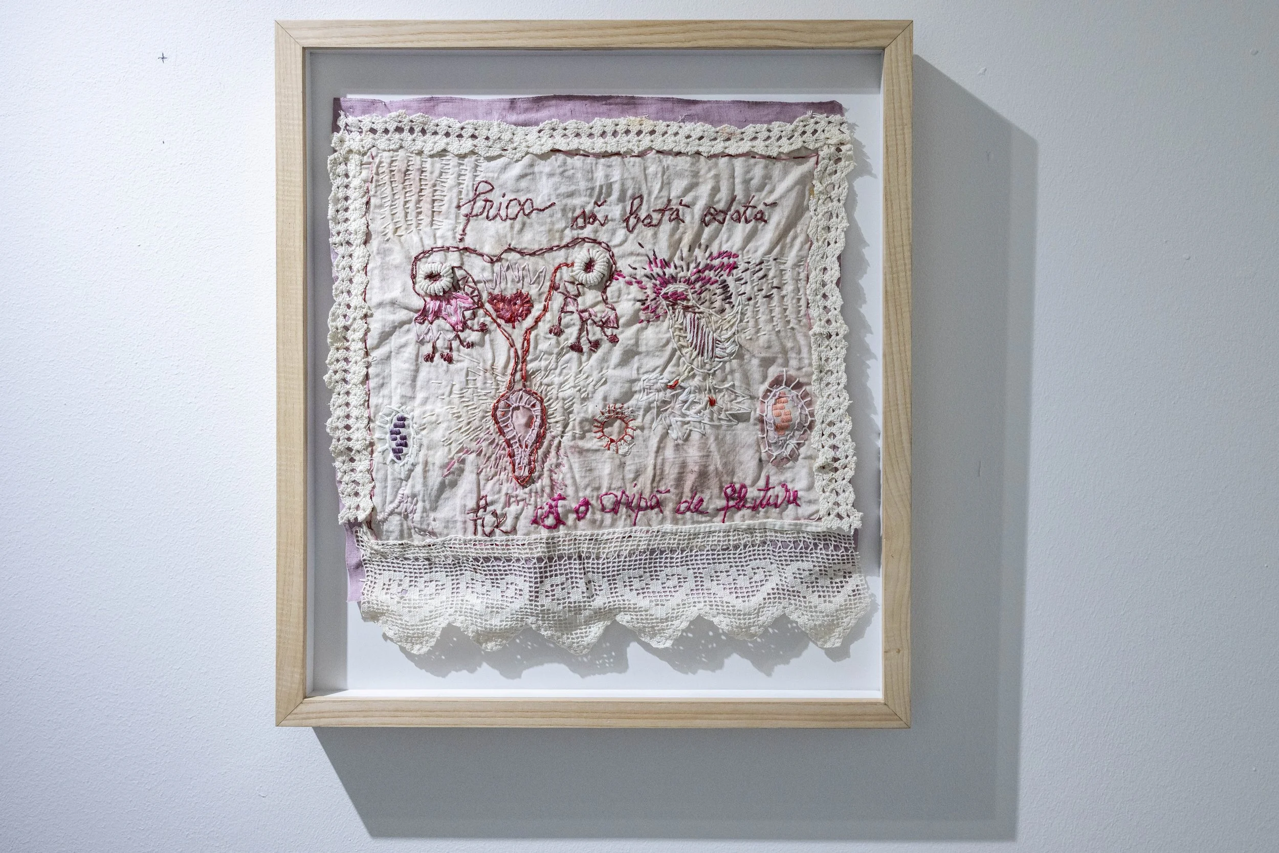 Mirela Ivanciu, Frica - să bată odată (...), broderie manuală pe pânză casnică salvată, cu inserții de fragmente textile vechi, 40×50 cm, Vedere din expo Naturǎ / Cotidian (curator: Elena Est), 2025
