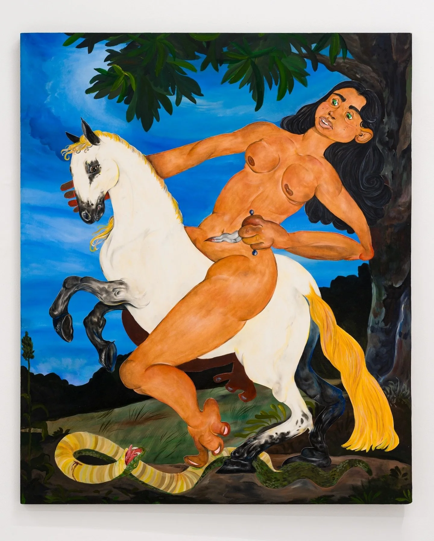 Bony Ramirez- „Slaying Snake”, 2019, Acrylic, coloured pencil, oil pastel, paper on wood panel, 100x 70 cm