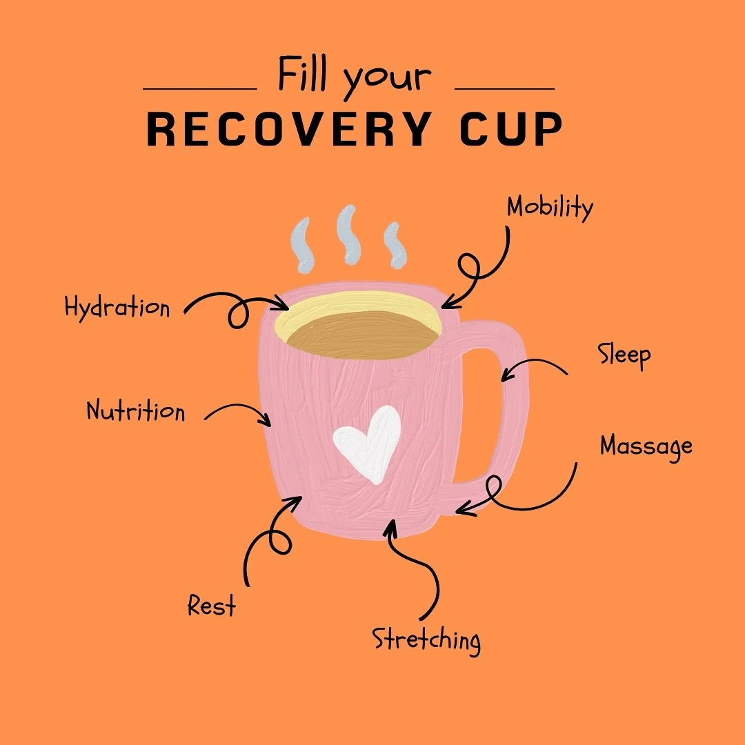 7 ways to help fill your cup! ☕️ 

1.Hydration: Drinking enough water to support muscle recovery and flush out toxins.

2.Nutrition: Eating a balanced diet with protein, carbs, and healthy fats to repair muscles.

3.Rest: Taking time off from physica