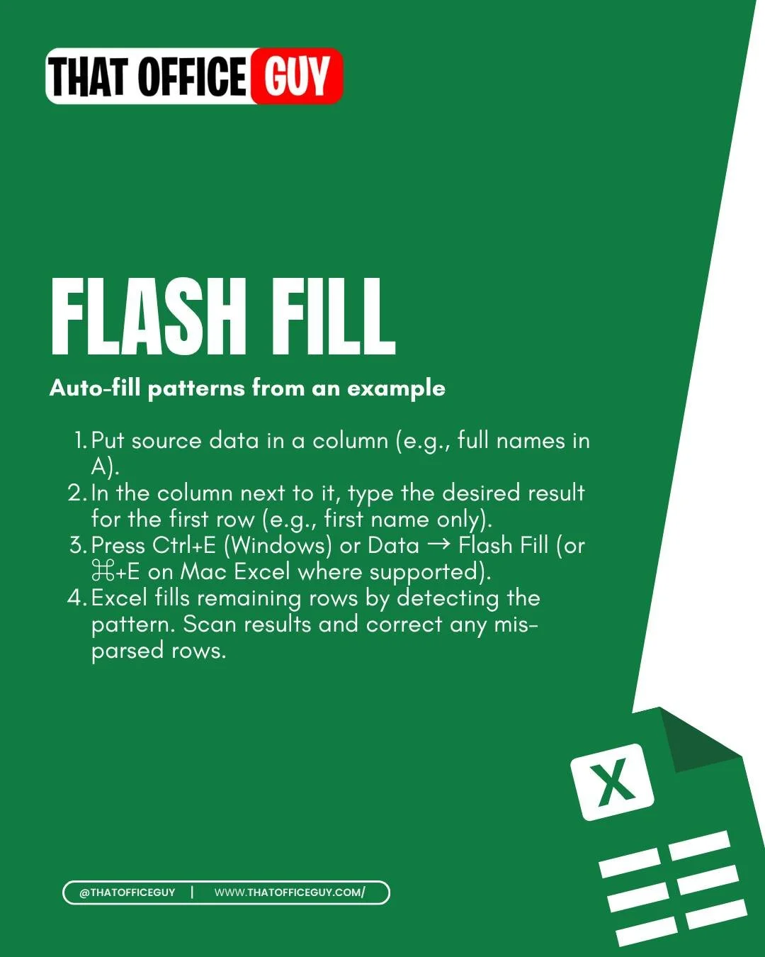 Stop typing data repeatedly! 🙅♀️ Excel's Flash Fill feature is like magic: it auto-fills entire columns by learning the pattern from just one example. Seriously, watch it work. ⚡️ Learn this huge time-saver now! #ExcelTips #Productivity #DataEntry #