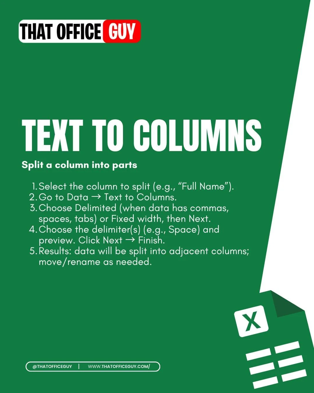 Dealing with messy data where everything is stuck in one cell? 🤔 Text to Columns is your best friend! It uses delimiters (commas, spaces, etc.) to elegantly split your data into new, organized columns. #ExcelSkills #DataManagement #SpreadsheetPro #T