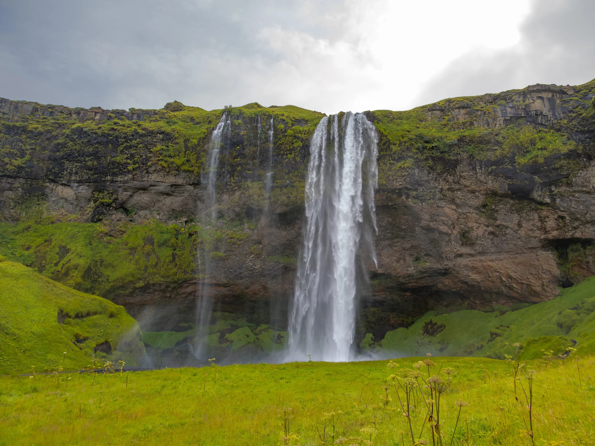 Der Seljalandsfoss stürzt elegant über eine 60m hohe Klippe und prägt mit seinem Vorhang aus Wasser die grüne Landschaft darunter.