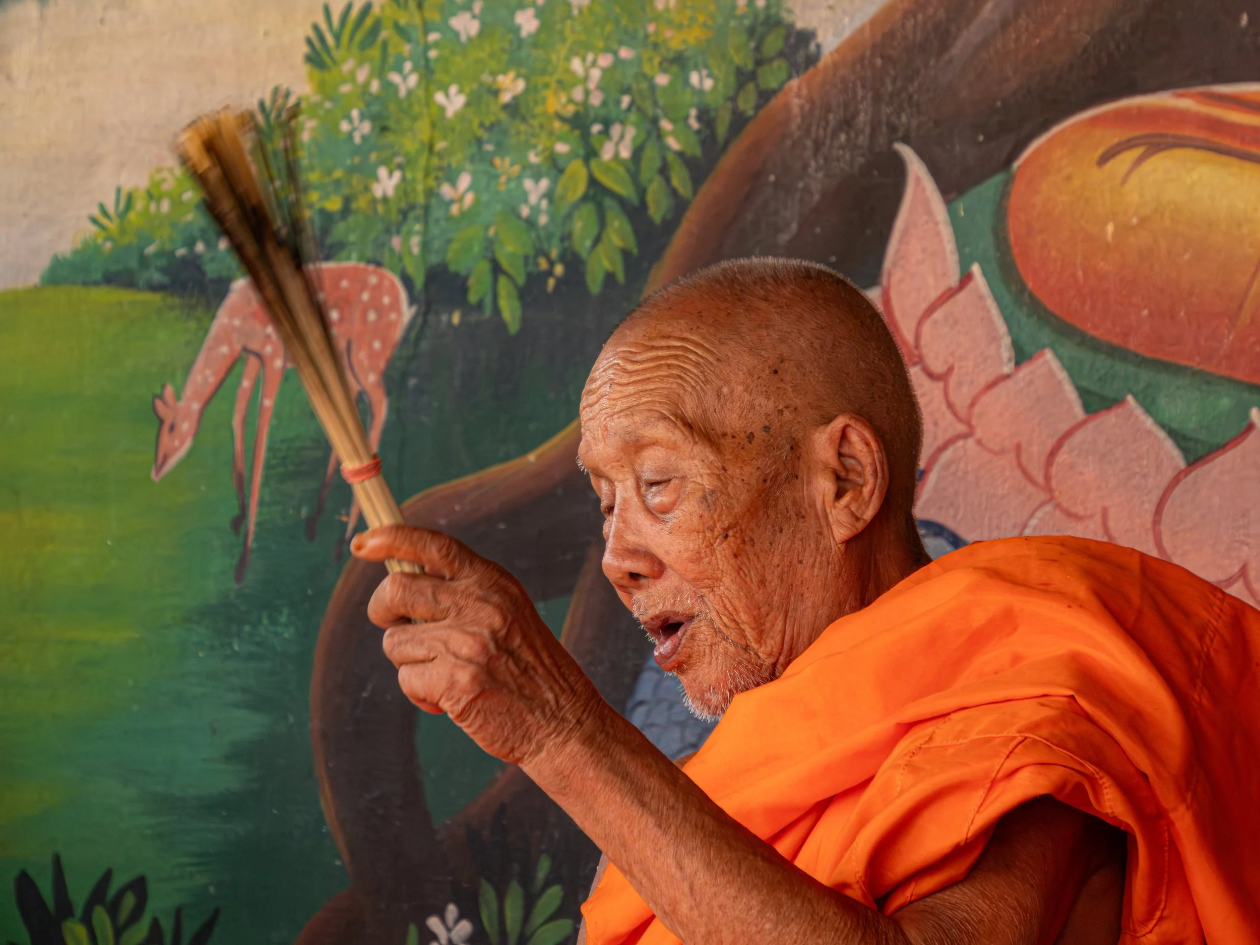 Beim Segnungsritual nutzt der Mönch eine kleine Rute, um geweihtes Wasser zu versprengen, das Schutz, Glück und spirituelle Reinigung symbolisieren soll. Solche Rituale sind ein fester Bestandteil buddhistischer Traditionen in Laos und Thailand.