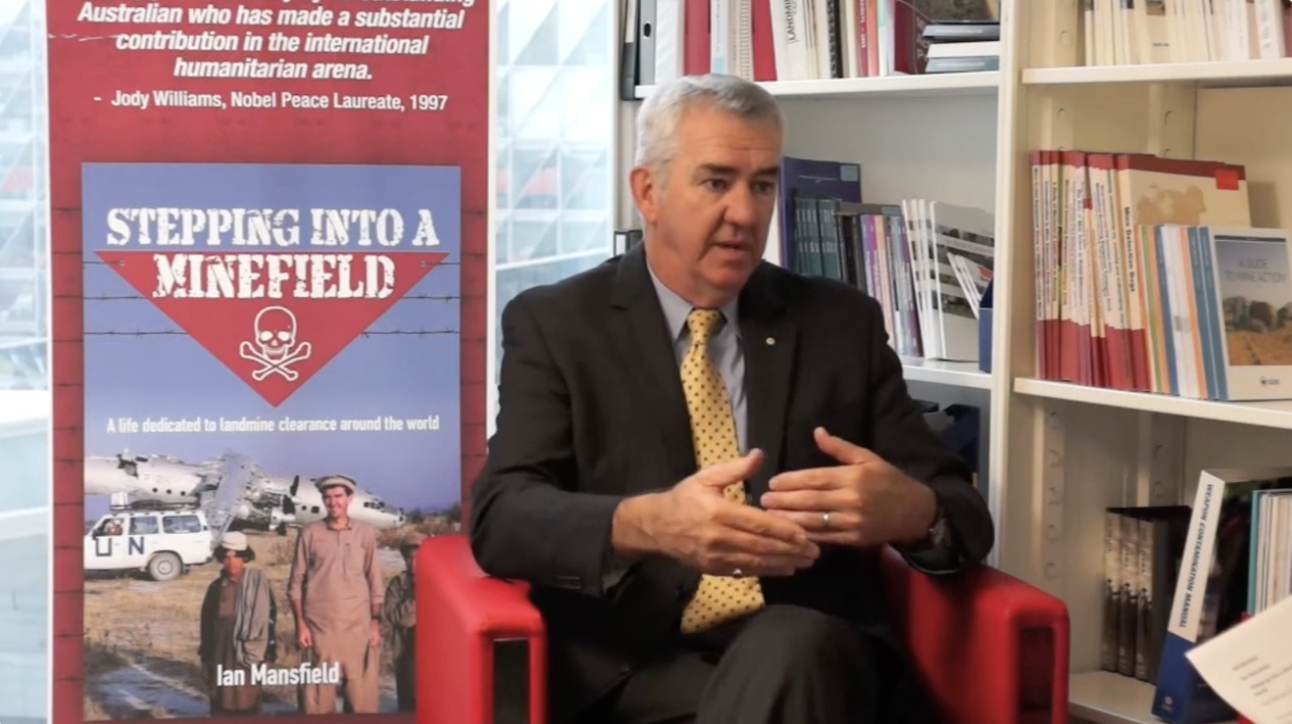 IAN MANSFIELD, ANDREA VON SIEBENTHAL, SPEAKING ABOUT LANDMINES AND DEMINING EFFORTS. GICHD