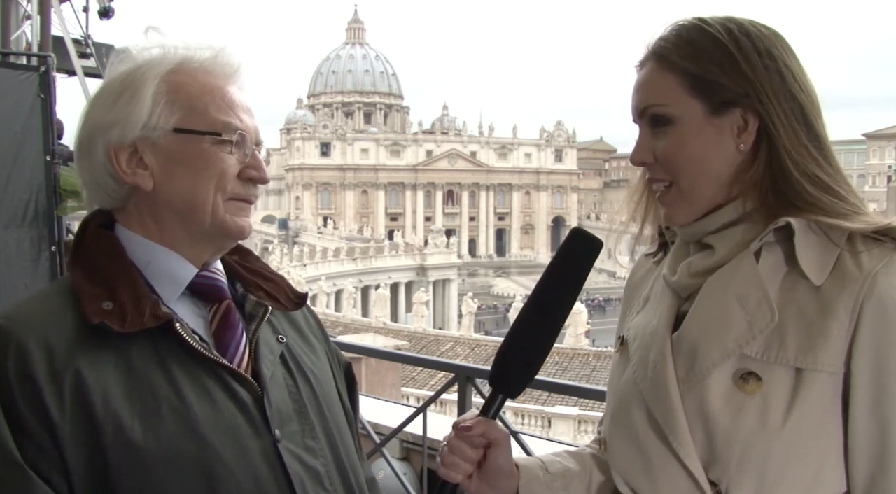 Andrea von Siebenthal interviewing ARD correspondent Bernhard Wabnitz in Rome on the day of the papal election 2013. Pope Francis. 