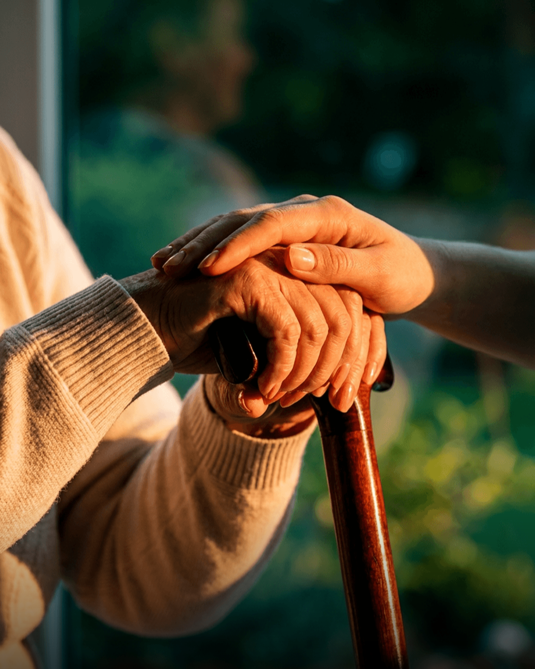 Close-up of two people holding hands, one using a cane, in a gesture of support or comfort.