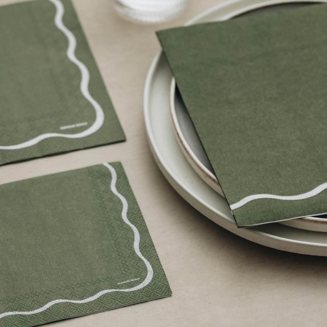 Linen (Scallop Olive & White)- Cocktail Paper Napkin- Manor Road- PRE-ORDER