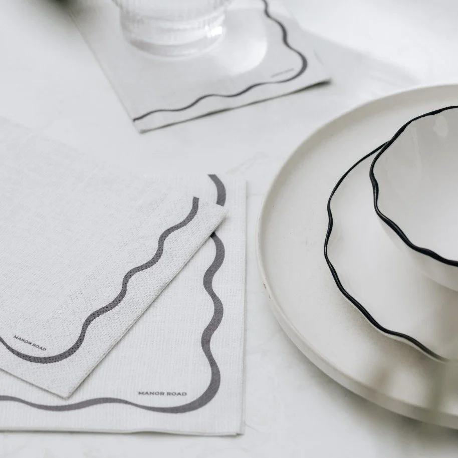 Linen (Scallop White & Black)- Cocktail Paper Napkin- Manor Road- PRE-ORDER