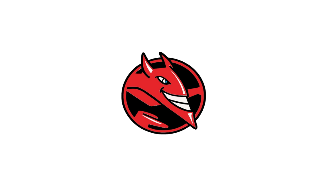 Red devil head with horns inside a black circle, displaying a mischievous grin. Hell Energy Drink
