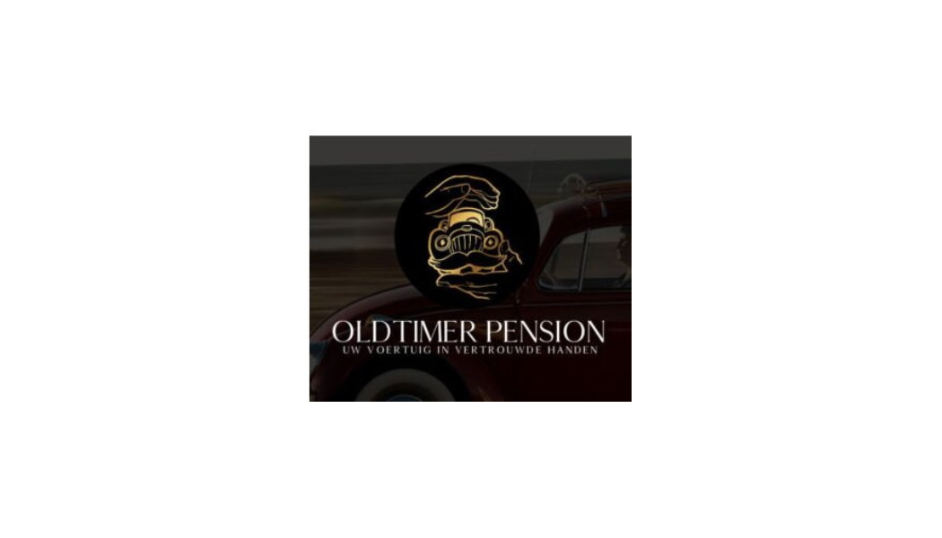 Logo with a gold outline of a classic car surrounded by hands and the text "Oldtimer Pension Uw Voertuig in Vertrouwde Handen" on a vintage car background.