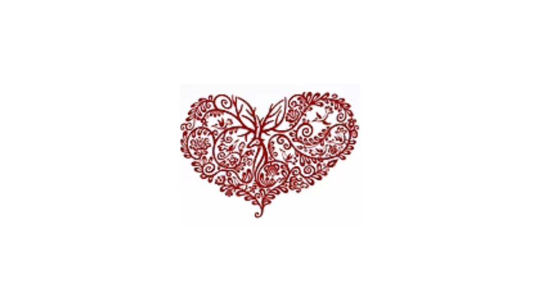 Intricate red heart illustration with floral and vine patterns. Administratiehuis Rotterdam