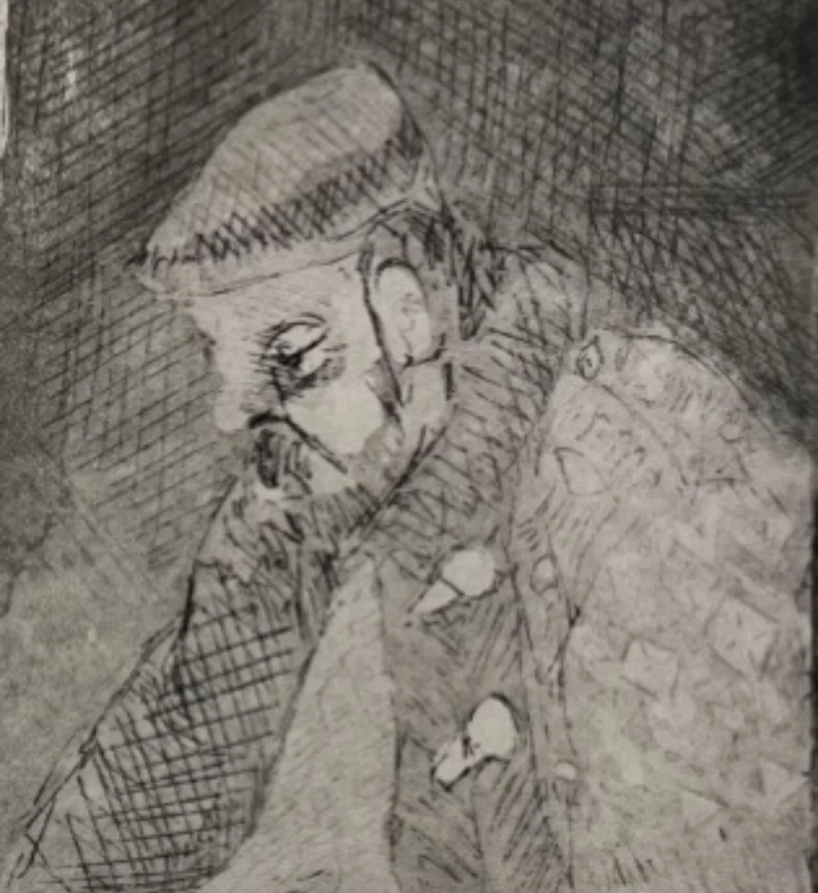 Rembrandt's vest, ets, 7x6,3cm