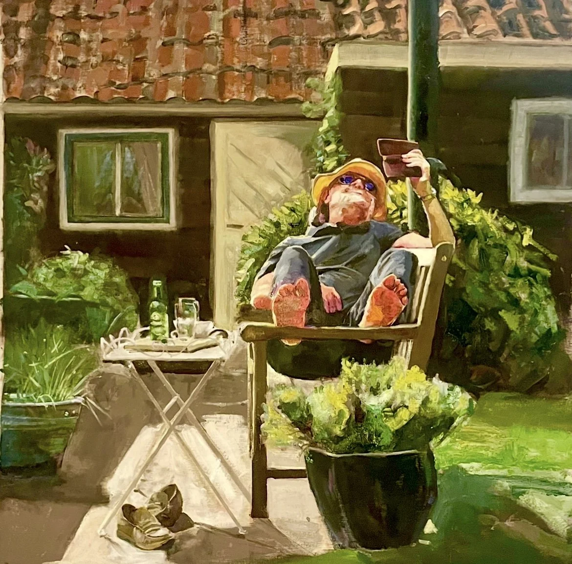 Het bankje, olieverf op doek, 120x120cm