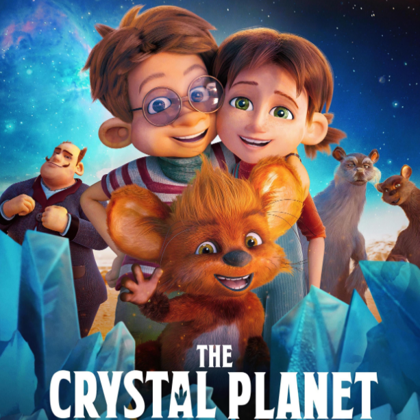 Animated characters from 'The Crystal Planet' movie, including a boy with glasses, a girl with brown hair, and a cheerful lion cub in front, with a space-themed background.