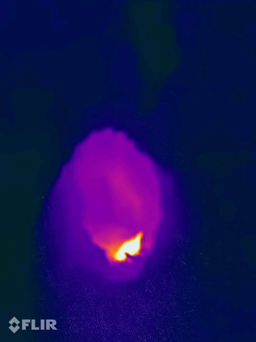 Eine Wärmebildaufnahme, die eine brennende Kerze in einer dunklen Umgebung zeigt.