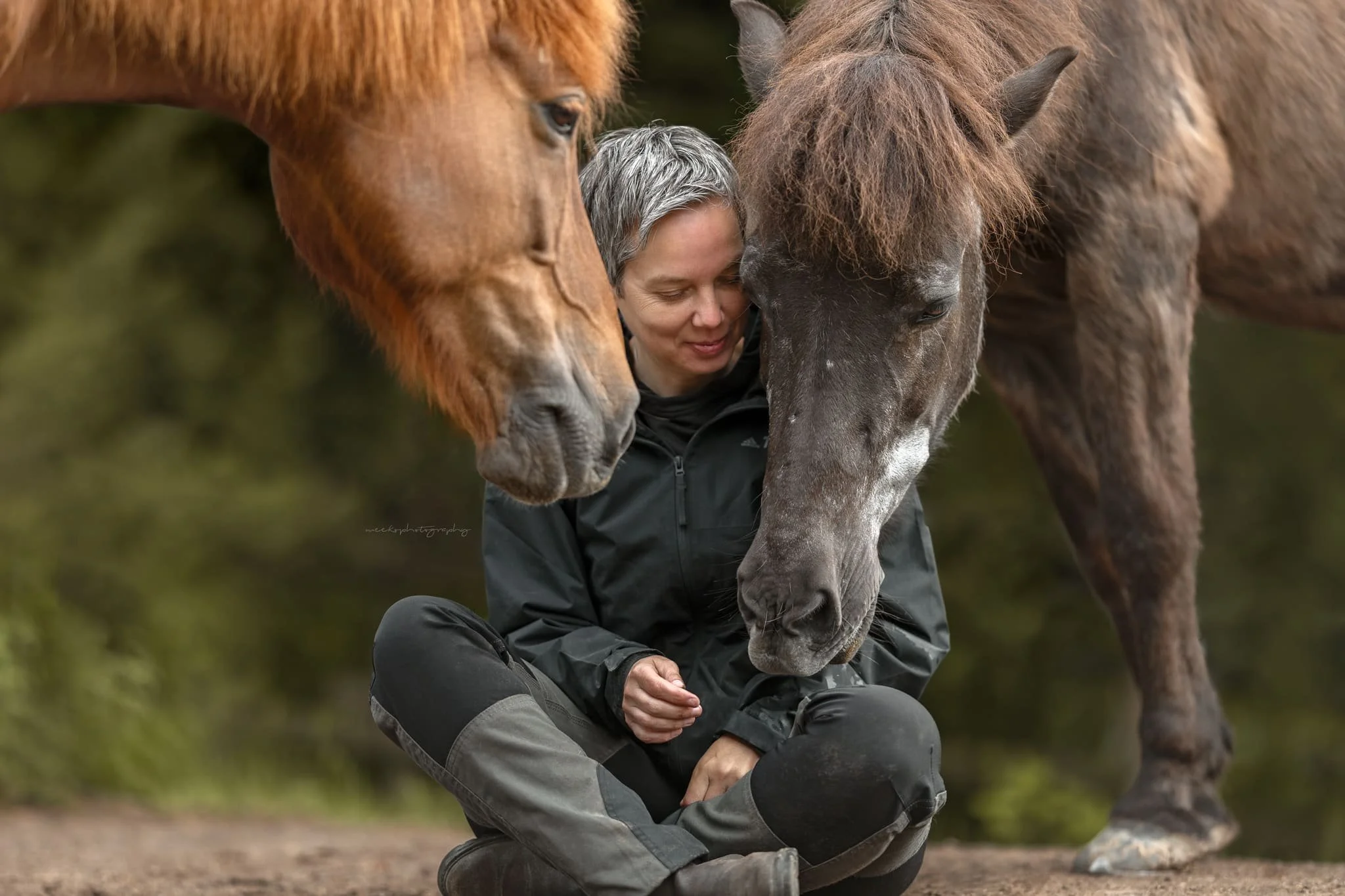 Claudia Selic-Köhler von Ayurveda & Naturheilkunde für Hund und Pferd im vertrauten Moment mit zwei Pferden in ruhiger Umgebung