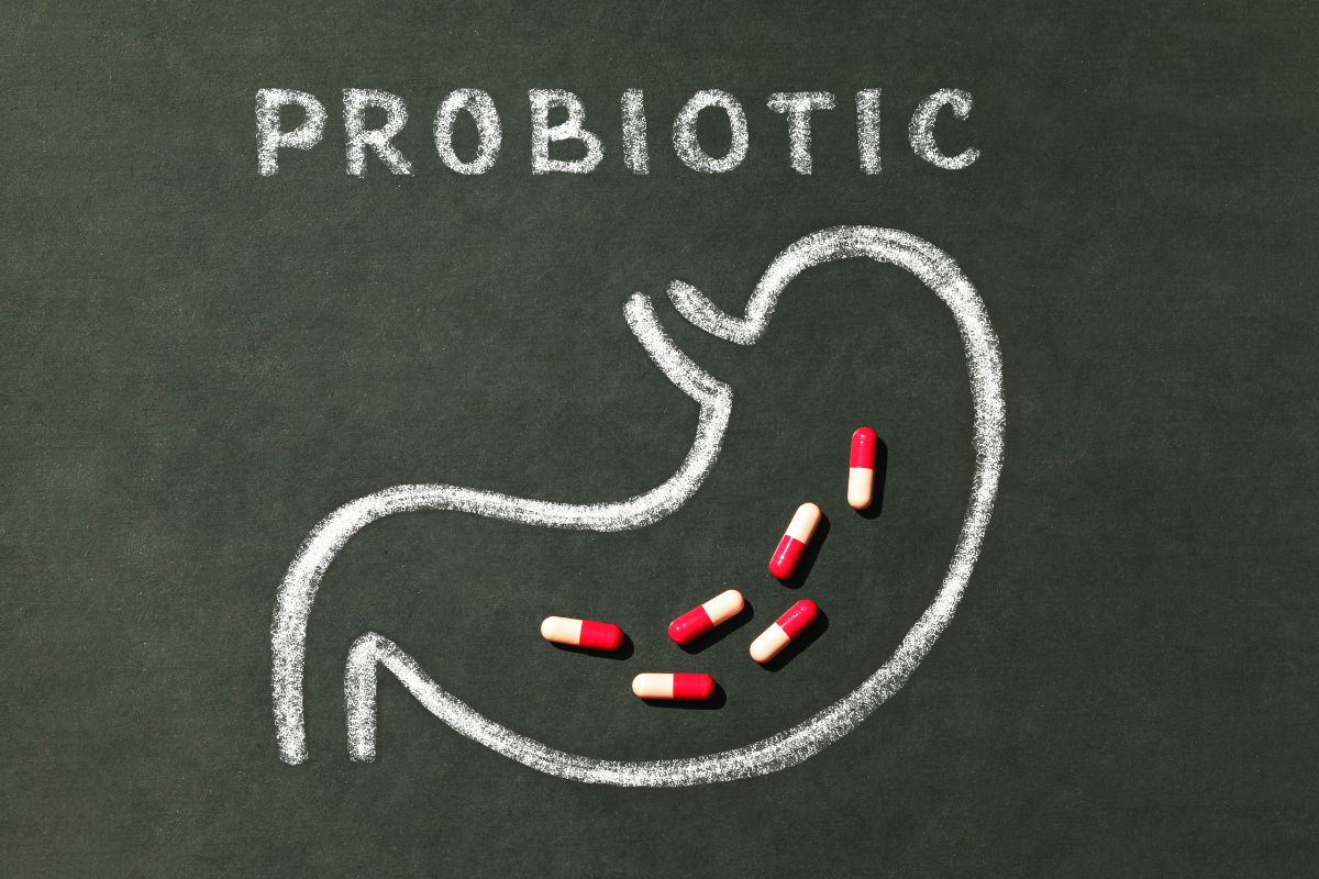 Wandtafel-Zeichnung eines Magens mit dem Wort Probiotic und rotschwarzen Kapseln.