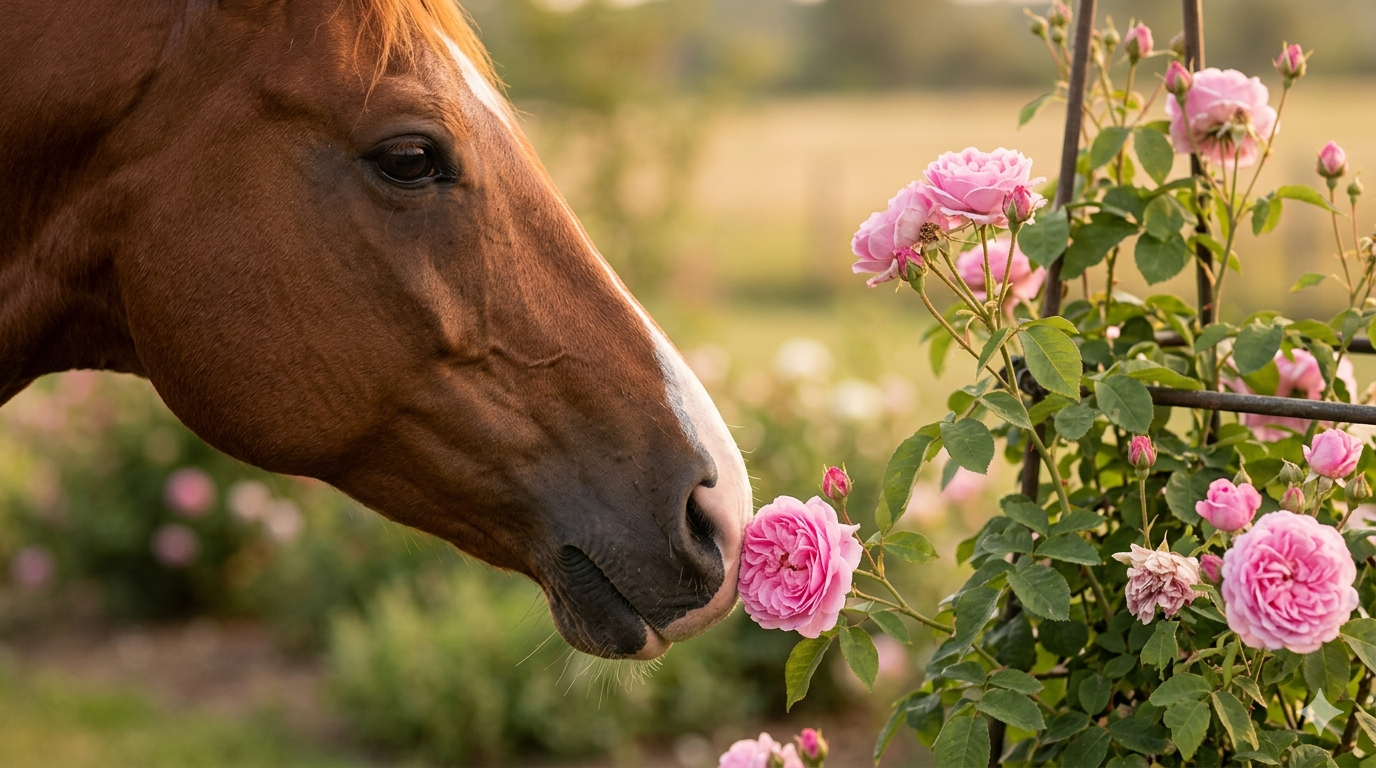 Pferd schnuppert an rosa Rosen – Aromatherapie für Tiere nach ayurvedischer Konstitution