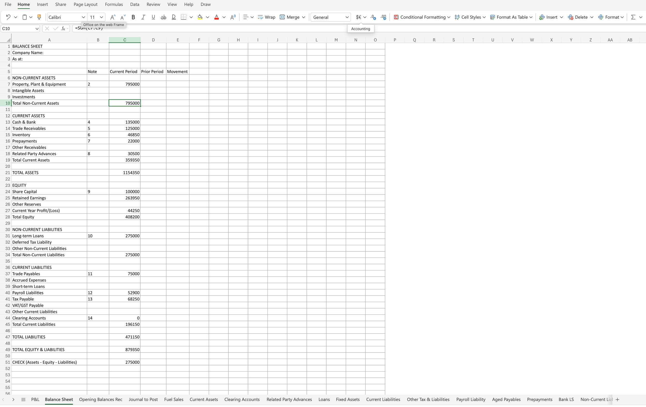 Screenshot of a spreadsheet titled 'Balance Sheet' showing financial data including non-current assets, current assets, total assets, equity, non-current liabilities, current liabilities, total liabilities, total equity & liabilities, and a check calculation at the bottom.