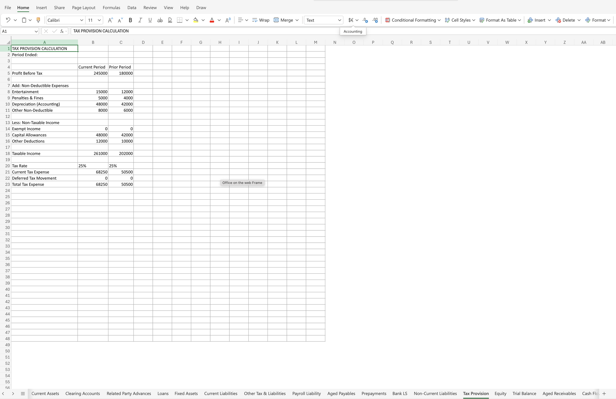 Excel spreadsheet titled 'Tax Provision Calculation' containing financial data, including profit, expenses, income, tax rates, and tax expense details, with columns for current and prior periods.