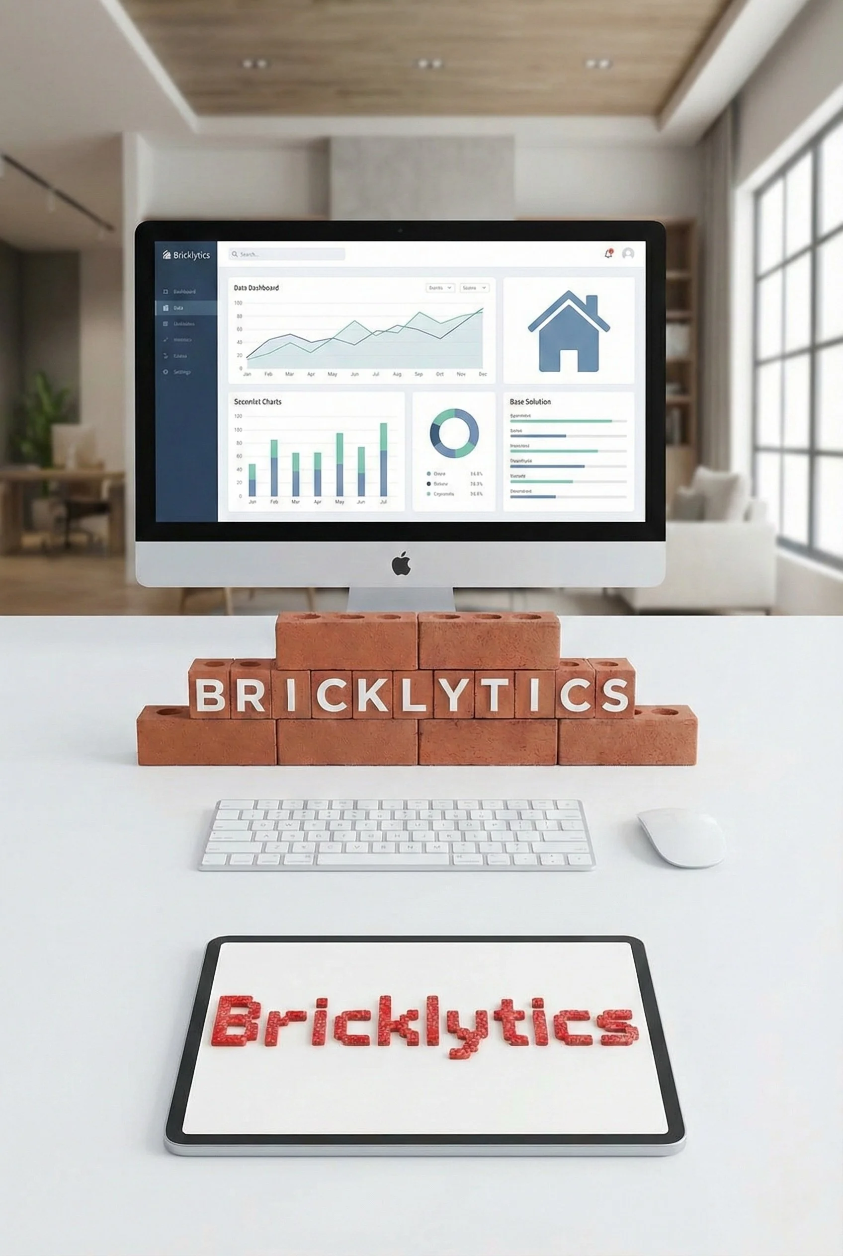 A workspace with a computer displaying a dashboard, a keyboard, mouse, and a brick sign that spells 'BRICKLYTICS' on the desk.