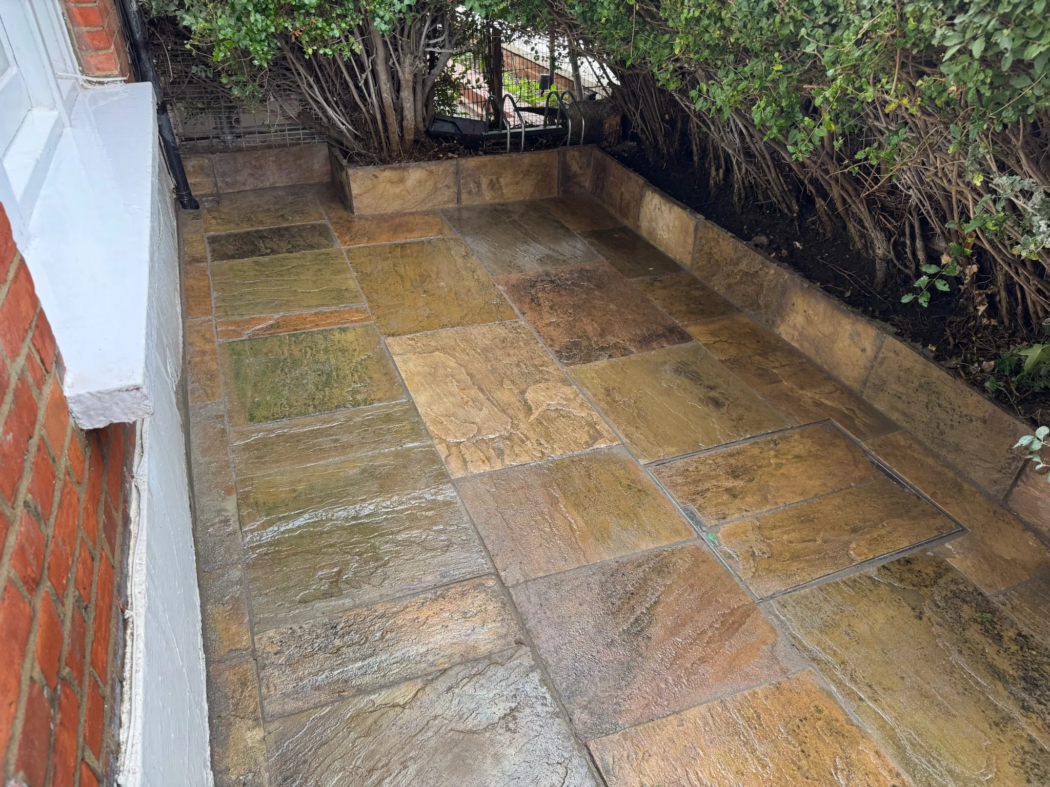 A small outdoor tiled area with a brick wall on the left, a white-painted wall on the side, and a built-in flower bed with bushes and vines along the back edge. The floor consists of large, uneven sandstone tiles that are wet, giving them a shiny app