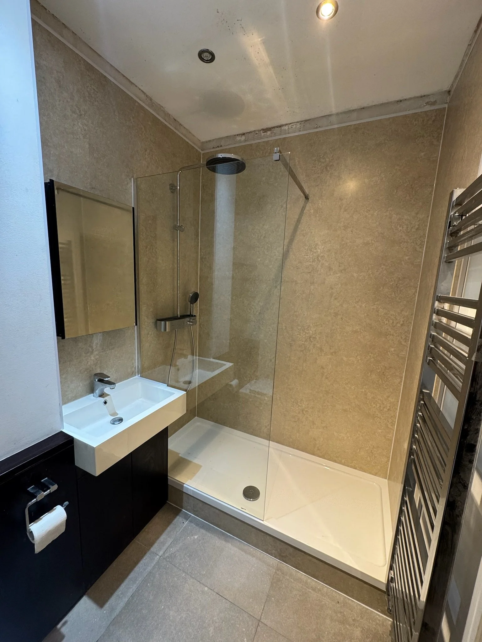 Modern bathroom with walk-in shower, small sink with cabinet, mirror, and heated towel rail.