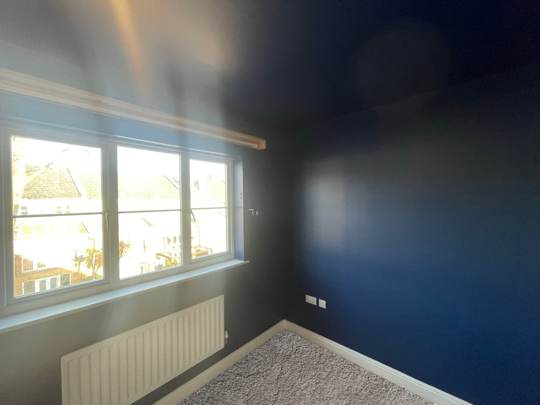 Empty room with dark blue walls, carpeted floor, large window with white frame, radiator below window, and electrical outlets on wall.