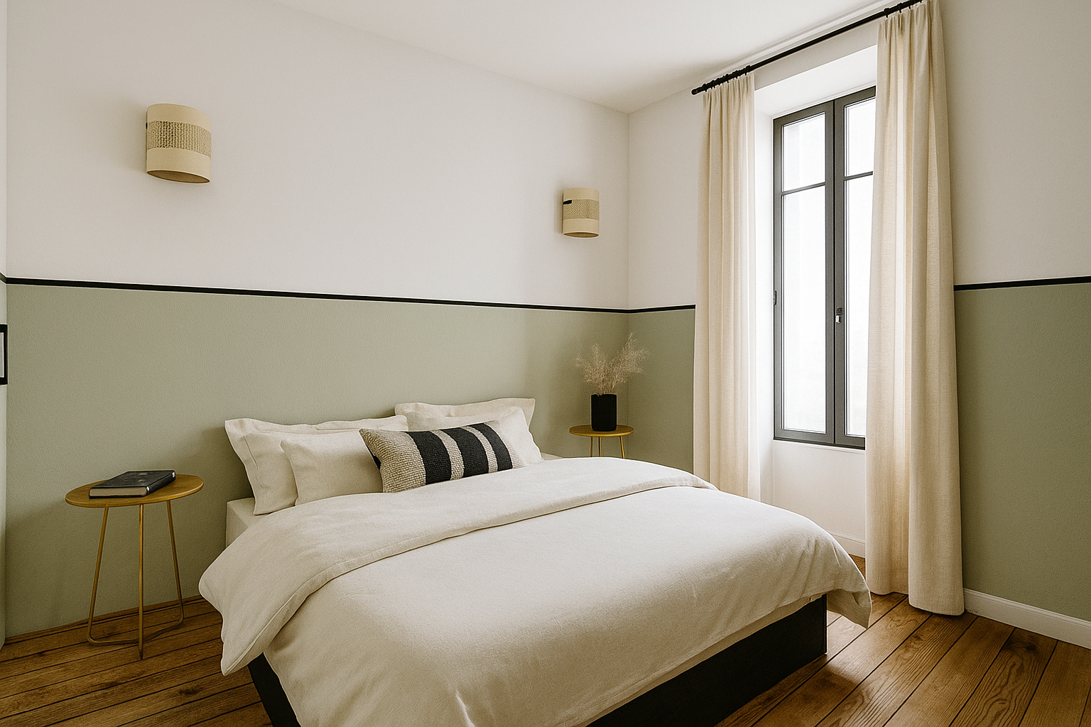 Rénovation d'un duplex à paris. Un salon moderne avec un mur bleu, un canapé beige, une table basse noire, un tapis, une table à manger en bois avec deux chaises, des fenêtres avec rideaux, des cadres photo, une plante verte et parquet en bois clair.