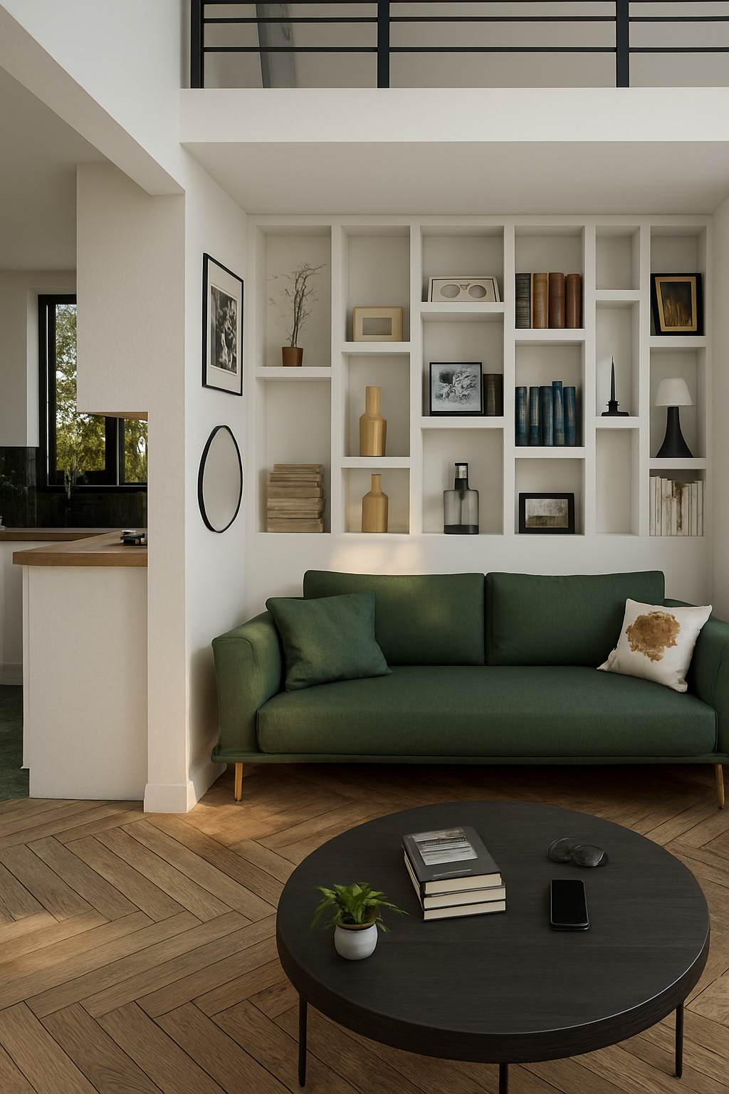 Rénovation d'une maison de campagne, près de Rouen. Salon moderne avec canapé vert, bibliothèque sur mesure remplies de livres,et objets décoratifs. Sol en parquet massif avec table basse avec livres et lunettes, cuisine ouverte visible sur le côté.