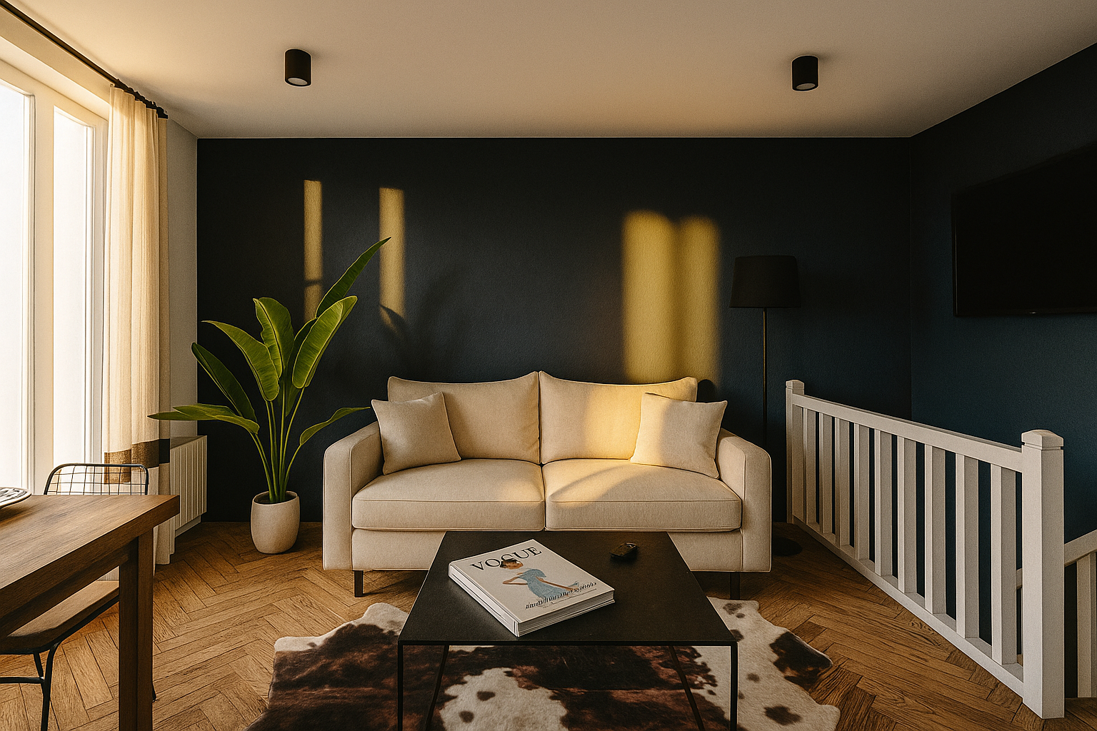 Rénovation d'un duplex à paris. Un salon moderne avec un mur bleu, un canapé beige, une table basse noire, un tapis, une table à manger en bois avec deux chaises, des fenêtres avec rideaux, des cadres photo, une plante verte et parquet en bois clair.