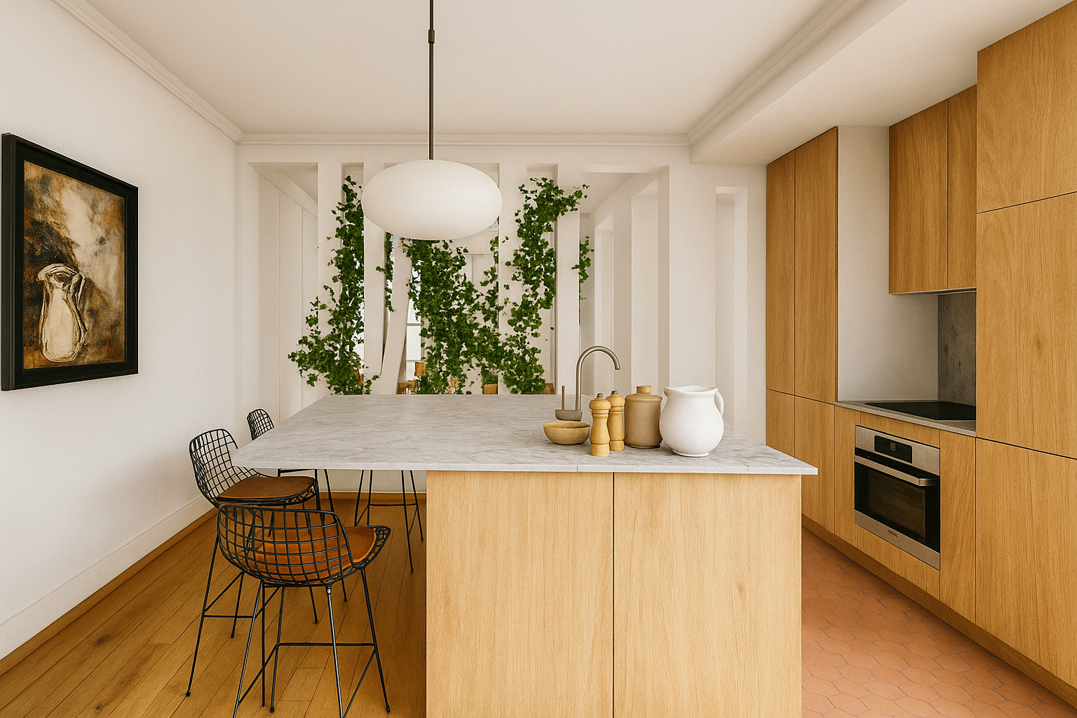Cuisine moderne avec îlot central en marbre, armoires en bois clair, four encastré, tableau abstrait, meubles en céramique, plantes vertes en arrière-plan.