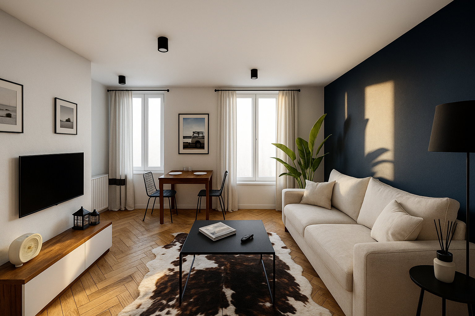Rénovation d'un duplex à paris. Un salon moderne avec un mur bleu, un canapé beige, une table basse noire, un tapis, une table à manger en bois avec deux chaises, des fenêtres avec rideaux, des cadres photo, une plante verte et parquet en bois clair.