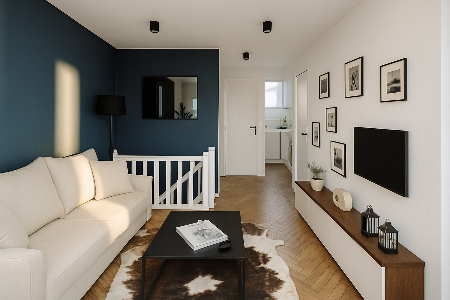 Rénovation d'un duplex à paris. Un salon moderne avec un mur bleu, un canapé beige, une table basse noire, un tapis, une table à manger en bois avec deux chaises, des fenêtres avec rideaux, des cadres photo, une plante verte et parquet en bois clair.
