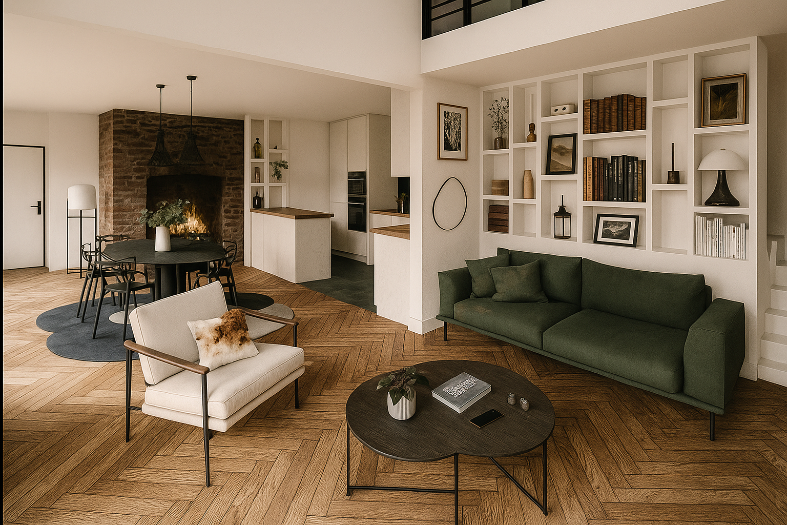 Rénovation d'une maison de campagne, près de Rouen. Salon moderne avec canapé vert, bibliothèque sur mesure remplies de livres,et objets décoratifs. Sol en parquet massif avec table basse avec livres et lunettes, cuisine ouverte visible sur le côté.