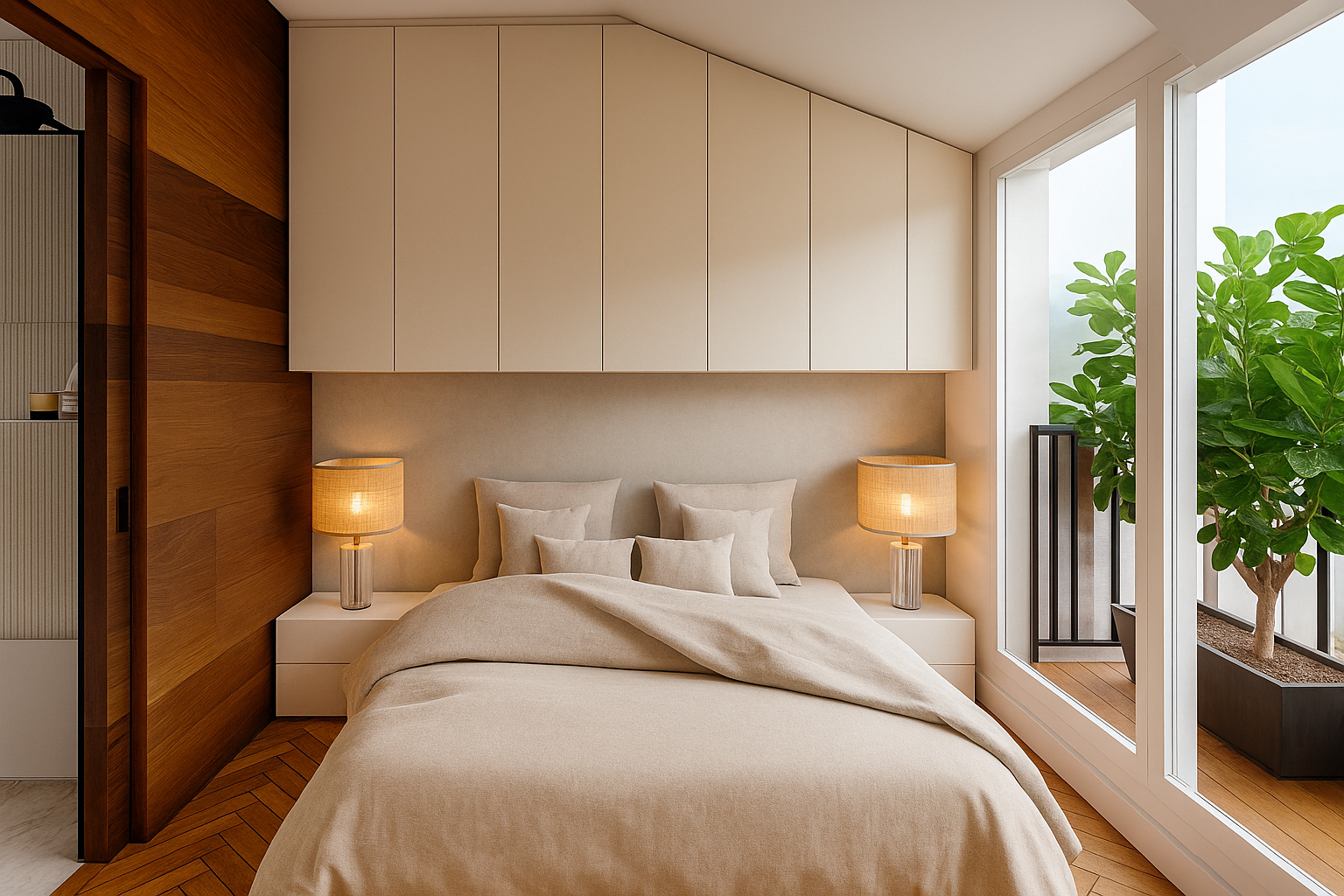 Rénovation d'un studio à paris. Intérieur d'appartement moderne avec cuisine, lit et télévision sur claustra en bois foncé amovible. Parquet clair en pointe de hongrie. Meuble sur mesure, crédence en zellige blanche et façade de cuisine en bois foncé