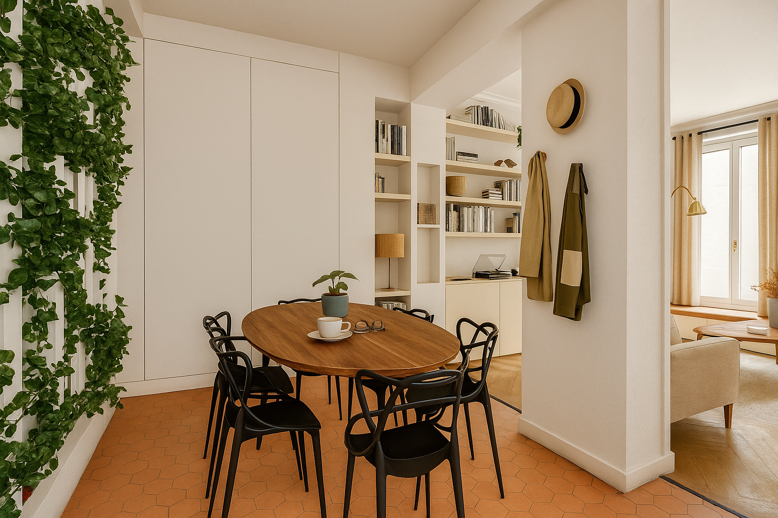 Salle à manger avec table en bois, huit chaises noires, étagère blanche avec livres, plantes vertes, lampes et savons, fenêtres avec rideaux beige, décor minimaliste et lumineux.