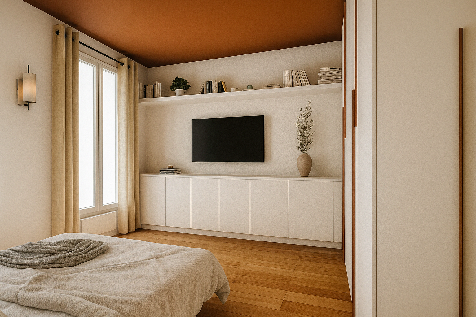 Chambre moderne avec mobilier blanc, télévision murale, étagères avec livres, vase avec plantes, fenêtre avec rideaux beiges, lit avec couverture et draps beige, sol en bois, mur beige, mur en partie décorée de meubles intégrés.