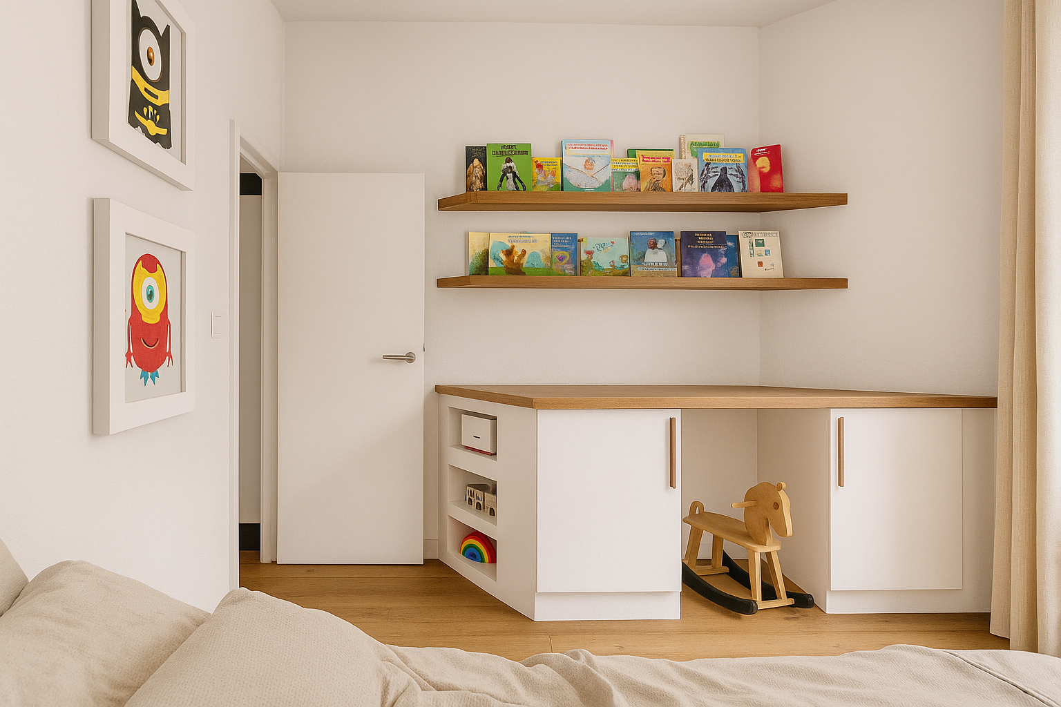 Un coin de chambre avec étagères en bois remplies de livres pour enfants, décoration minimaliste, effets de lumière naturelle, ambiance chaleureuse.