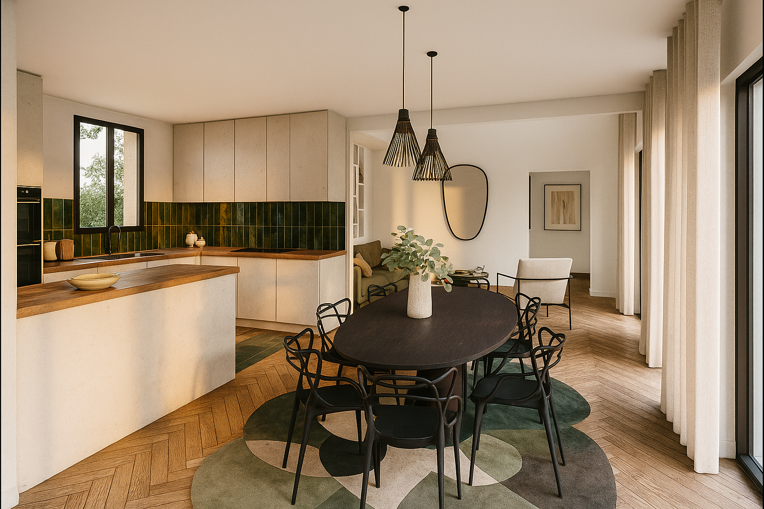 Rénovation d'une maison de campagne, près de Rouen. Salon moderne avec canapé vert, bibliothèque sur mesure remplies de livres,et objets décoratifs. Sol en parquet massif avec table basse avec livres et lunettes, cuisine ouverte visible sur le côté.