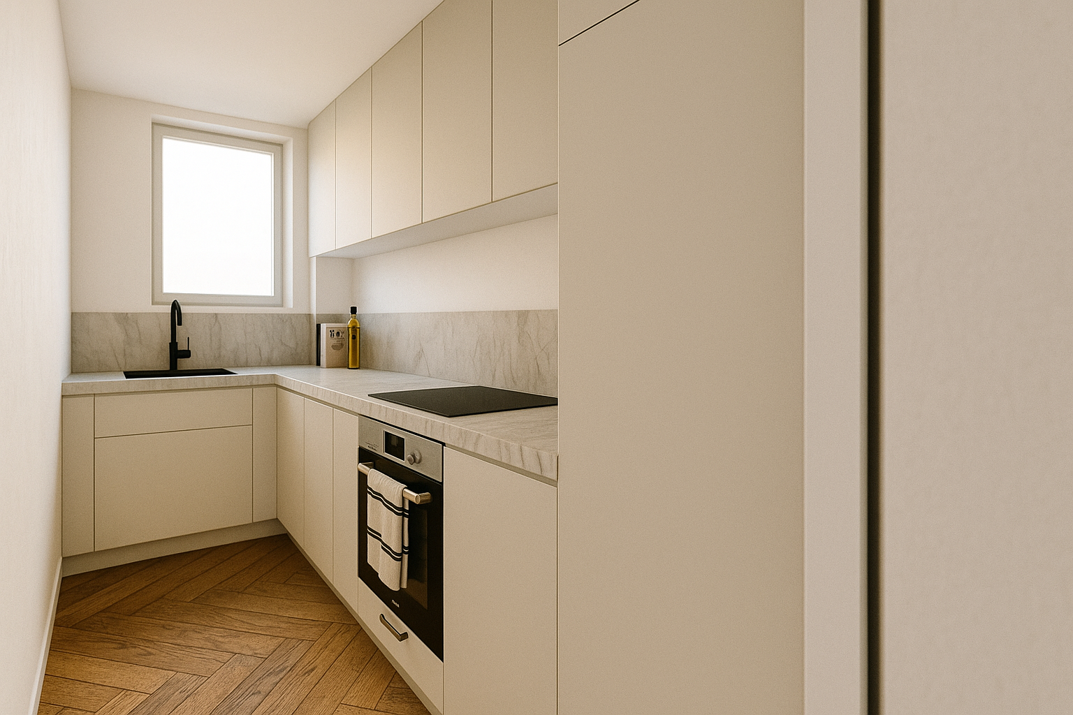 Rénovation d'un duplex à paris. Un salon moderne avec un mur bleu, un canapé beige, une table basse noire, un tapis, une table à manger en bois avec deux chaises, des fenêtres avec rideaux, des cadres photo, une plante verte et parquet en bois clair.