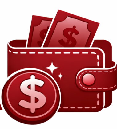 Illustration of a red wallet with paper money and a coin featuring a dollar sign.